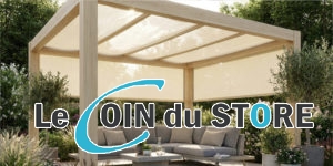 Pergola moderne en bois avec toile de protection solaire Soltis Lounge 96 et salon de jardin confortable.